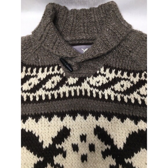American Eagle Sweater Chowichan Style Chunky Knit Wool Cowl Shawl Collar Mens L - Picture 2 of 11